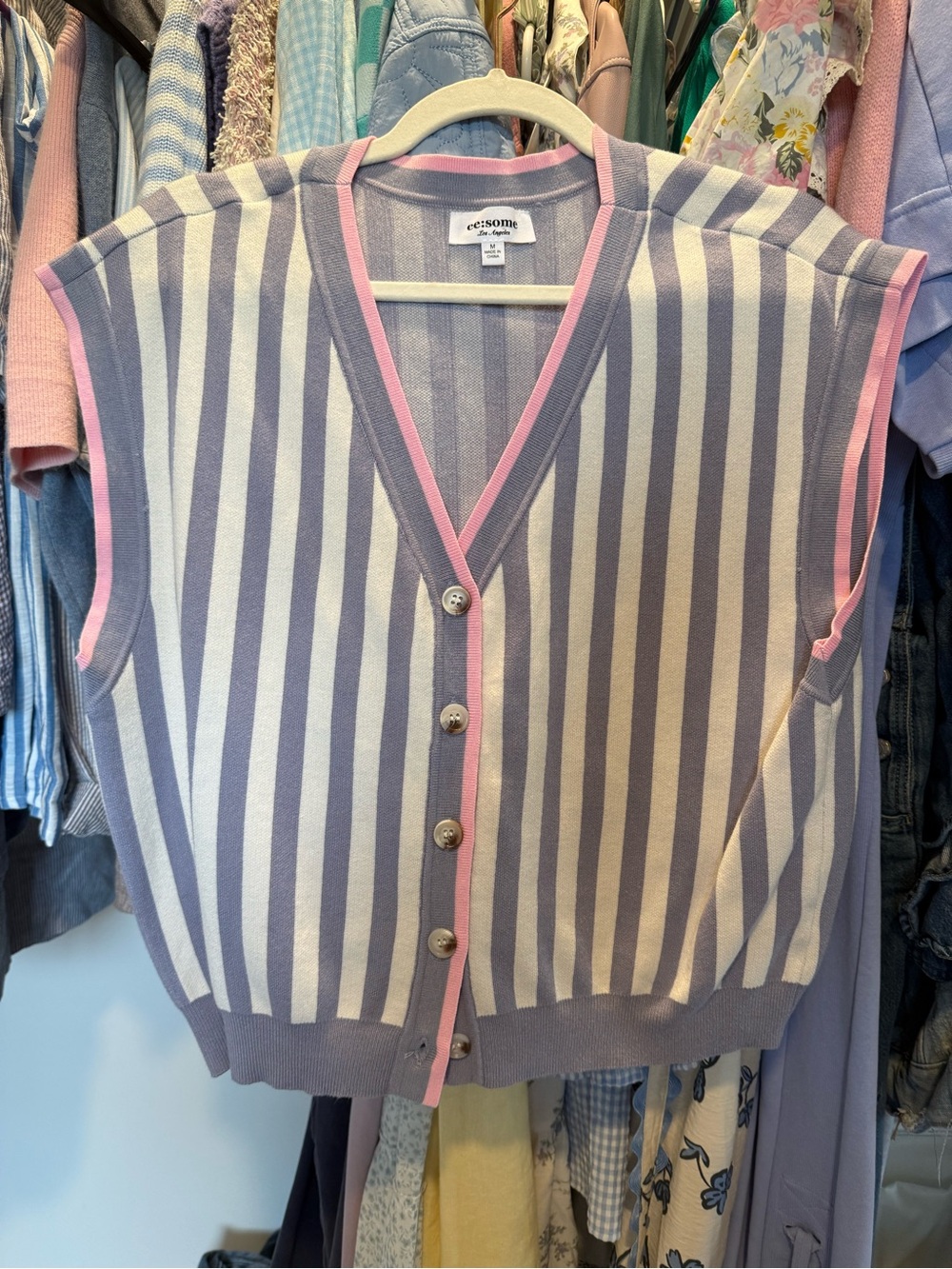 eesome Lavender & White Striped Sleeveless Button Vest with Pink Trim